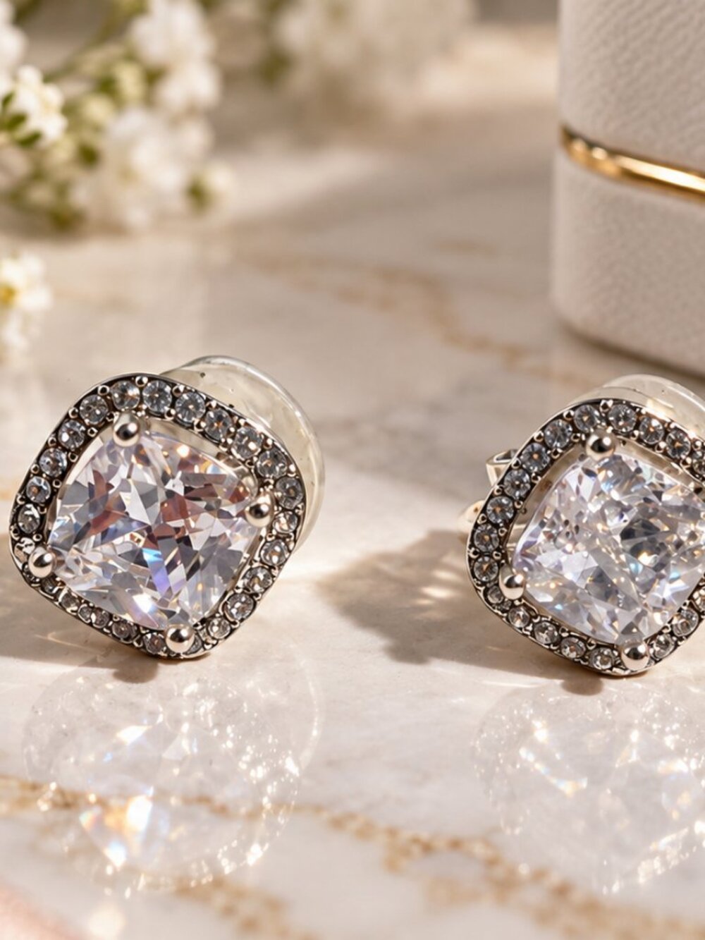 Cushion Cut CZ Sparkle Clip On Earrings Halo Setting Silver Tone NWT